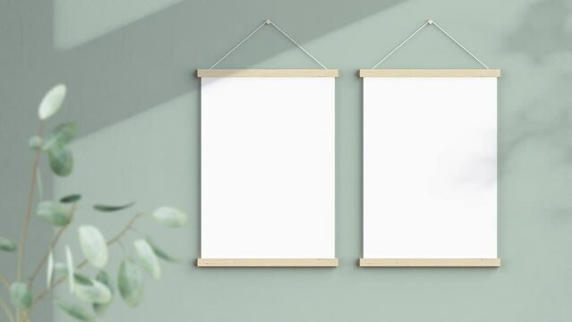 Two A ISO Magnetic Poster Bars Video Mockup, Wooden Hanging Blank Frame On the Wall, Poster Hanger Mockup, Shadow Motion Mockup