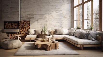 Fototapeta na wymiar Bohemian Scandinavian style a modern home interior, featuring a mock up wall in the living room.