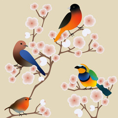 Birds on Cherry Blossom Tree