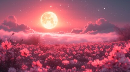 Fototapeta na wymiar a full moon in a pink sky above a field of flowers with pink and white flowers in the foreground.