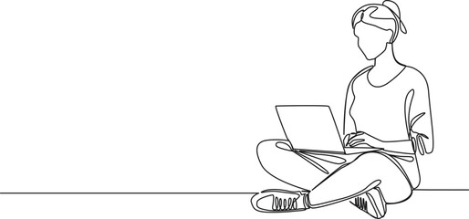 continuous single line drawing of woman sitting on floor using laptop, line art vector illustration