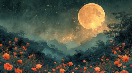 a painting of a full moon in the night sky over a mountain range with red flowers in the foreground.