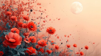 a painting of a field of red flowers with a full moon in the sky in the background and a full moon in the distance.