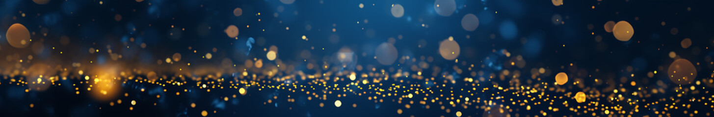 abstract background with Dark rich blue and gold particle. Christmas Golden light shine particles bokeh. Gold foil texture. Holiday concept.