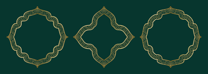 Gold geometric ornamental frame, round and square shapes Islamic window with girikh pattern, silhouette Arabic rhombus. Luxury set in oriental style. Frames in Arabic Muslim design vector illustration