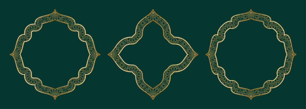 Gold geometric ornamental frame, round and square shapes Islamic window with girikh pattern, silhouette Arabic rhombus. Luxury set in oriental style. Frames in Arabic Muslim design vector illustration