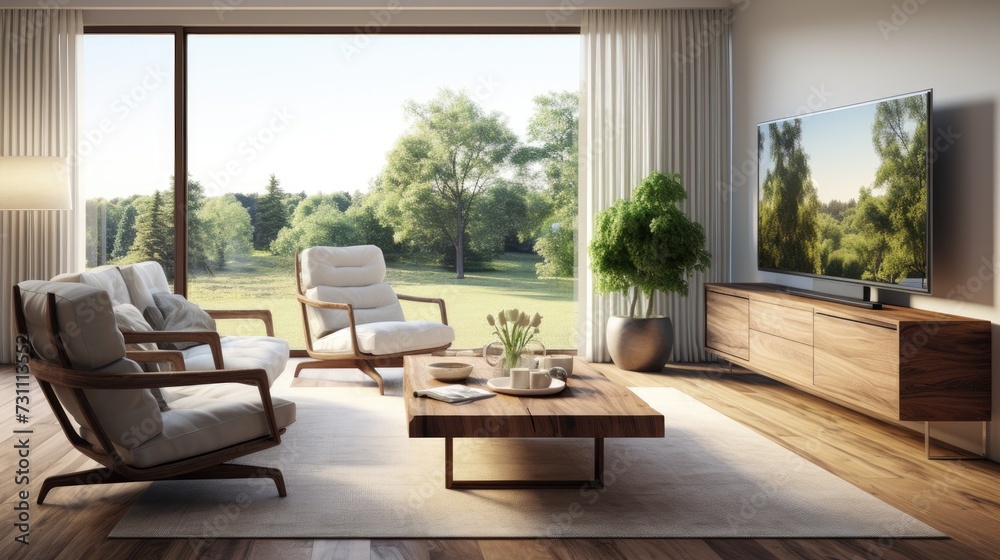 Canvas Prints Living room with armchairs, coffee table, tv cabinet, hardwood floor, and countryside view. Blank tv display.