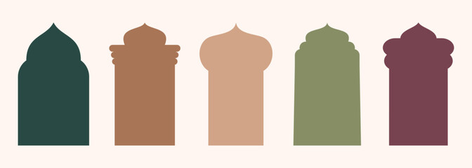 Shape Islamic door and window silhouette Arabic arch. Collection of patterns in oriental style. Frames in Arabian Muslim design for Ramadan Kareem. Vector mosque gate shape isolated on white