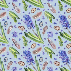 Spring seamless pattern with watercolor hand-painted elements. Spring pattern with blue hyacinths, feathers, and spotty eggs on a light blue background.