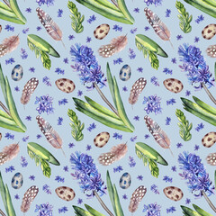 Spring seamless pattern with watercolor hand-painted elements. Spring pattern with blue hyacinths, feathers, and spotty eggs on a light blue background.