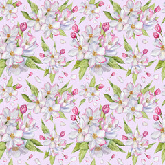 Spring seamless pattern with watercolor hand-painted elements. Spring pattern with apple blossom flowers on a pink background.