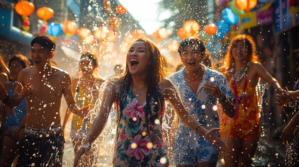 Close up happy Young woman having fun on playing water During the Songkran Festival on Khaosan Road, Bangkok, Thailand - obrazy, fototapety, plakaty
