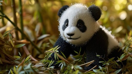 the charm of a Panda doll, capturing its adorable black and white fur, arranged in a whimsical bamboo forest scene