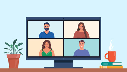 Computer screen with collective virtual meeting, group video conference. People chatting online. Vector illustration.