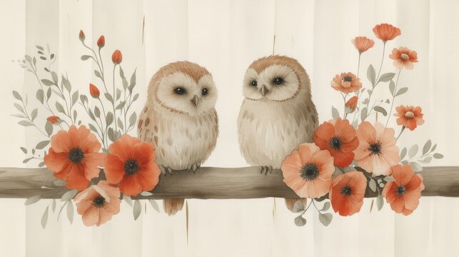 a painting of two owls sitting on a branch with red flowers and greenery on the bottom of the branch.