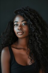 A portrait of a serene African woman with long, curly black hair, wearing a simple black tank top against a dark background. Her gaze is direct and confident, with a subtle, approachable expression