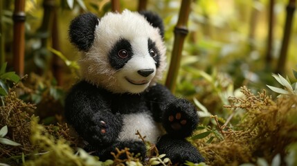 the charm of a Panda doll, capturing its adorable black and white fur, arranged in a whimsical...