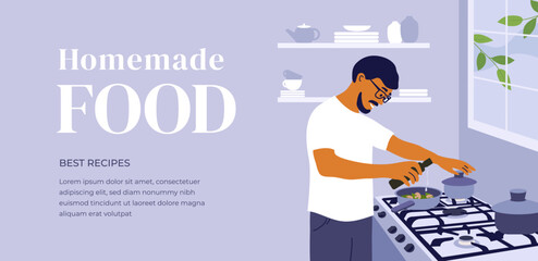 Homemade food best recipes design template. Young man cooking healthy meal in kitchen home. Male character preparing dinner fry in pan on big stove. Cooking like chef, cook class vector illustration