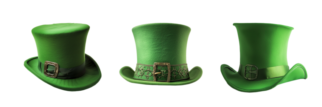 Set of St Patrick's day hats, Saint Patrick celebration, green lucky irish top hats on isolates on transparent background, png file