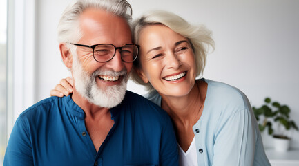 Un couple senior, heureux, amoureux, riant et partageant un moment de bonheur intense, arrière-plan gris.