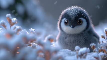 a close up of a small bird in a field of snow with snow flakes on it's head.