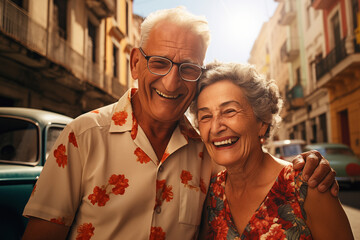 Un couple senior, heureux, amoureux, dans un centre ville. - obrazy, fototapety, plakaty