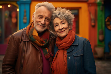 Un couple senior, heureux, amoureux, dans un centre ville.