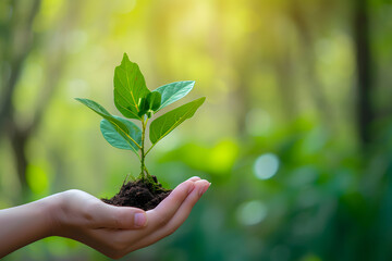Hand holding young plant on blur green nature background