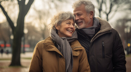 Fototapeta premium Un couple senior, heureux, amoureux, une journée d'hiver