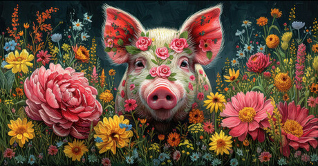 a painting of a pig in a field of flowers with a flower crown on it's head, looking at the camera.