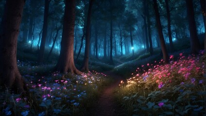 magical forest in the night with glowing trees and flowers