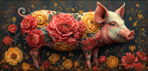 a painting of a pig with flowers on it's body and a pig's head sticking out of the pig's body.