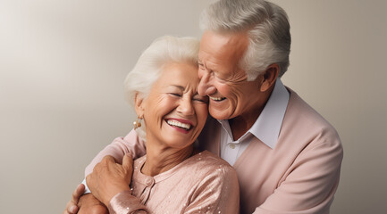 Un couple senior, heureux, amoureux, riant et partageant un moment de bonheur intense, arrière-plan gris. - obrazy, fototapety, plakaty