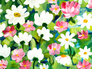 Abstract  daisy flowers, original hand drawn, impressionism style, color texture, brush strokes of paint, art background.