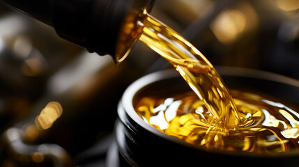 motor oil being poured, showing a golden fluid in motion with a blurred mechanical background