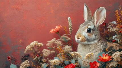 Fototapeta na wymiar a painting of a rabbit in a field of flowers with a red wall behind it and a red wall behind it.