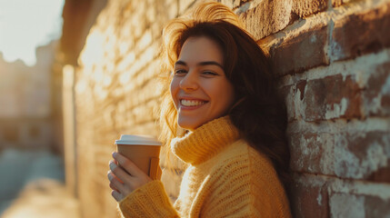 Cheerful young woman on winter morning street holding and sipping a cup of hot coffee on the...