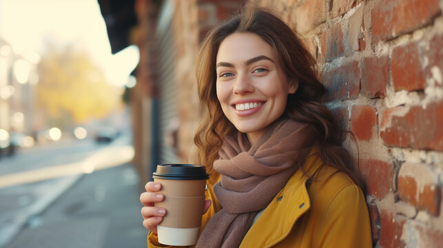 Cheerful young woman on winter morning street holding and sipping a cup of hot coffee on the background of industrial brick wall, with copy space.