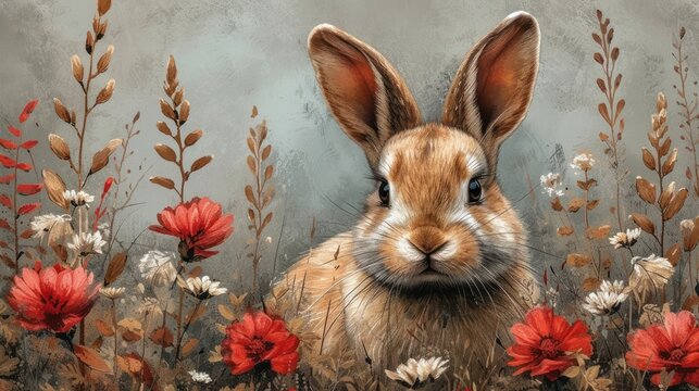 a painting of a rabbit sitting in the middle of a field of flowers with red and white flowers in the foreground.