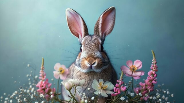 a painting of a rabbit sitting in a field of flowers with pink and white flowers in front of a blue background.
