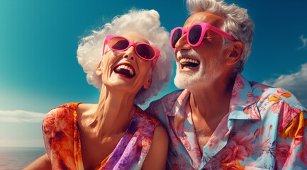 Un couple senior, amoureux, avec des lunettes de soleil, sur une plage sous un beau ciel bleu d'été.