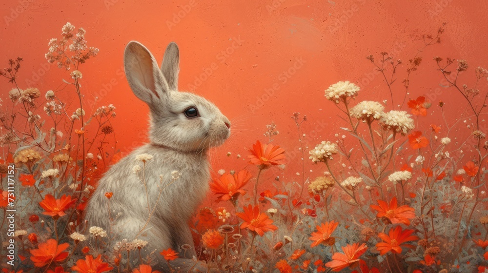 Wall mural a painting of a white rabbit sitting in a field of orange and white flowers in front of a red wall. - Wall murals