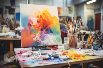 Vibrant abstract painting on easel in bright art studio - 731117501