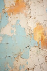 Close-up of decaying wall with cracked and flaking pastel paint