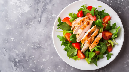 Grilled chicken salad with fresh tomatoes, arugula, and spinach served on a white plate, presented on a textured grey surface. A healthy and colorful meal option. - Powered by Adobe
