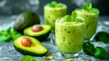 Avocado smoothies garnished with fresh mint leaves, surrounded by whole and sliced avocados, basil leaves, and scattered seeds on a textured surface. 