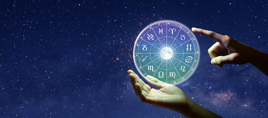 Astrological zodiac signs inside of horoscope circle. Astrology, knowledge of stars in the sky over...
