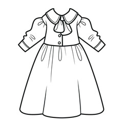 Long casual dress with big collar outline for coloring on a white background