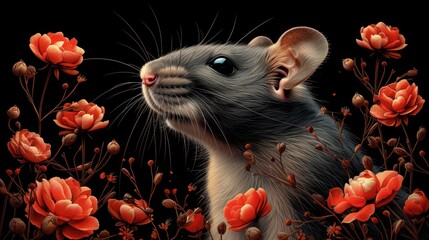 a painting of a rat in a field of flowers with one eye open and one paw on the rat's head.