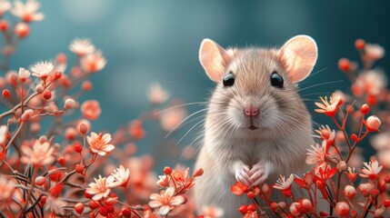 a close up of a small rodent in a field of red and white flowers with a blue sky in the background.